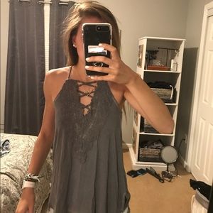Grey lace and cross front tank top